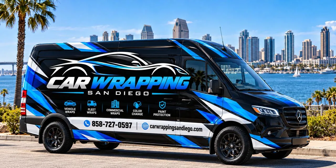 Black Mercedes Sprinter van wrapped in Car Wrapping San Diego fleet graphics with phone and website