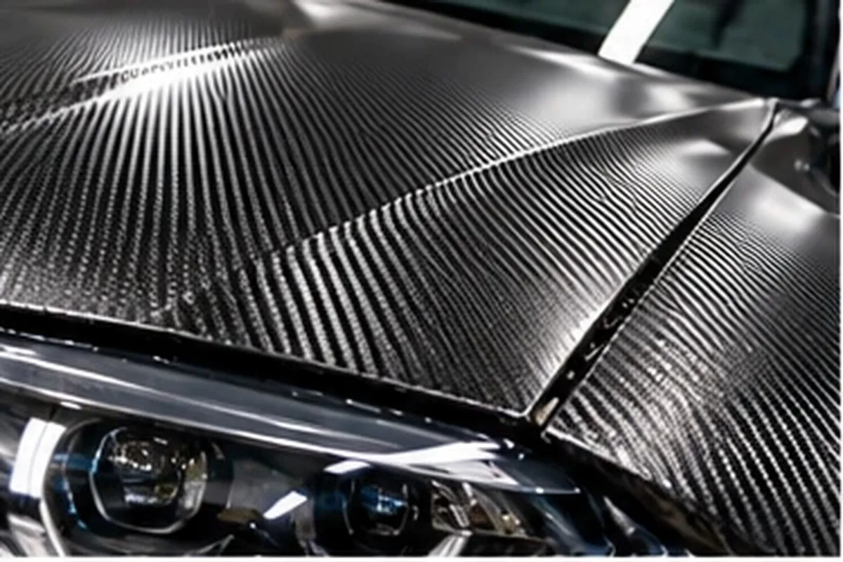Glossy carbon-fiber-pattern wrap on a car hood