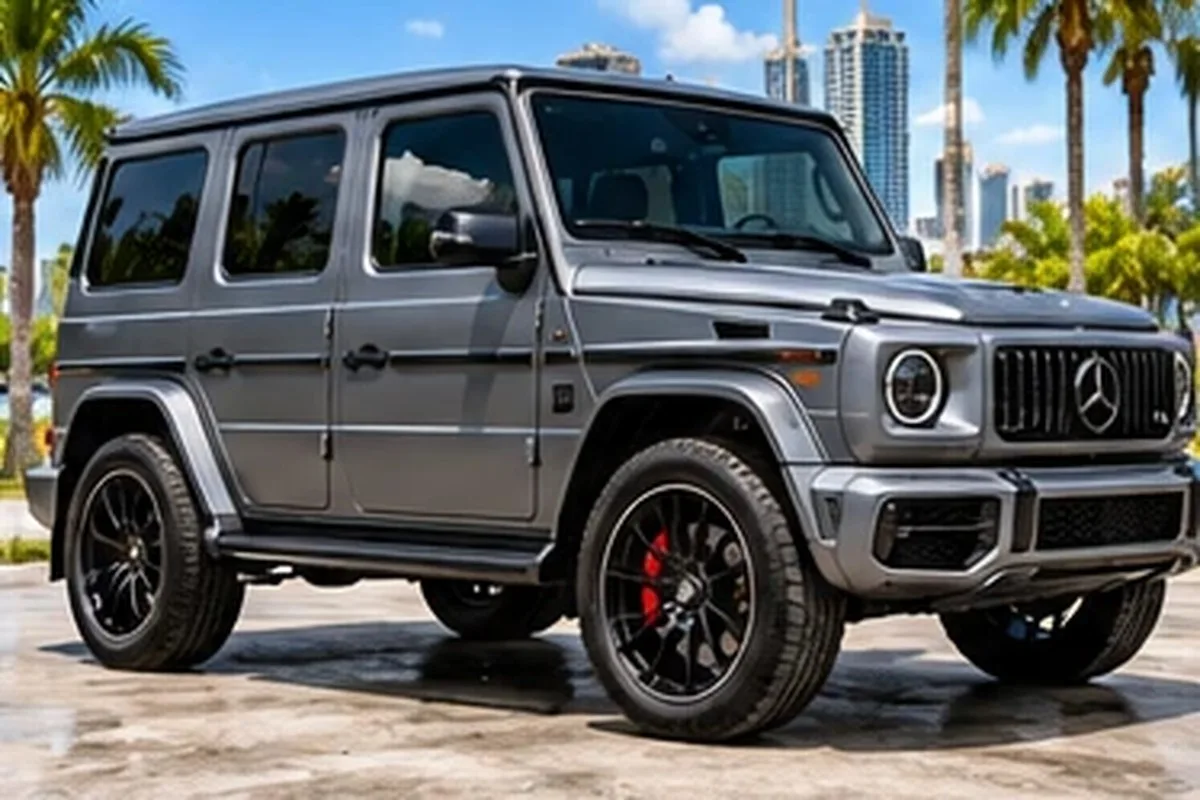 Matte gray wrapped Mercedes-Benz G-Class by the waterfront