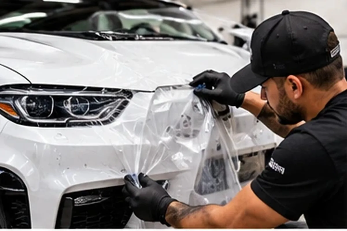 Installer applying clear paint-protection film to a white sedan